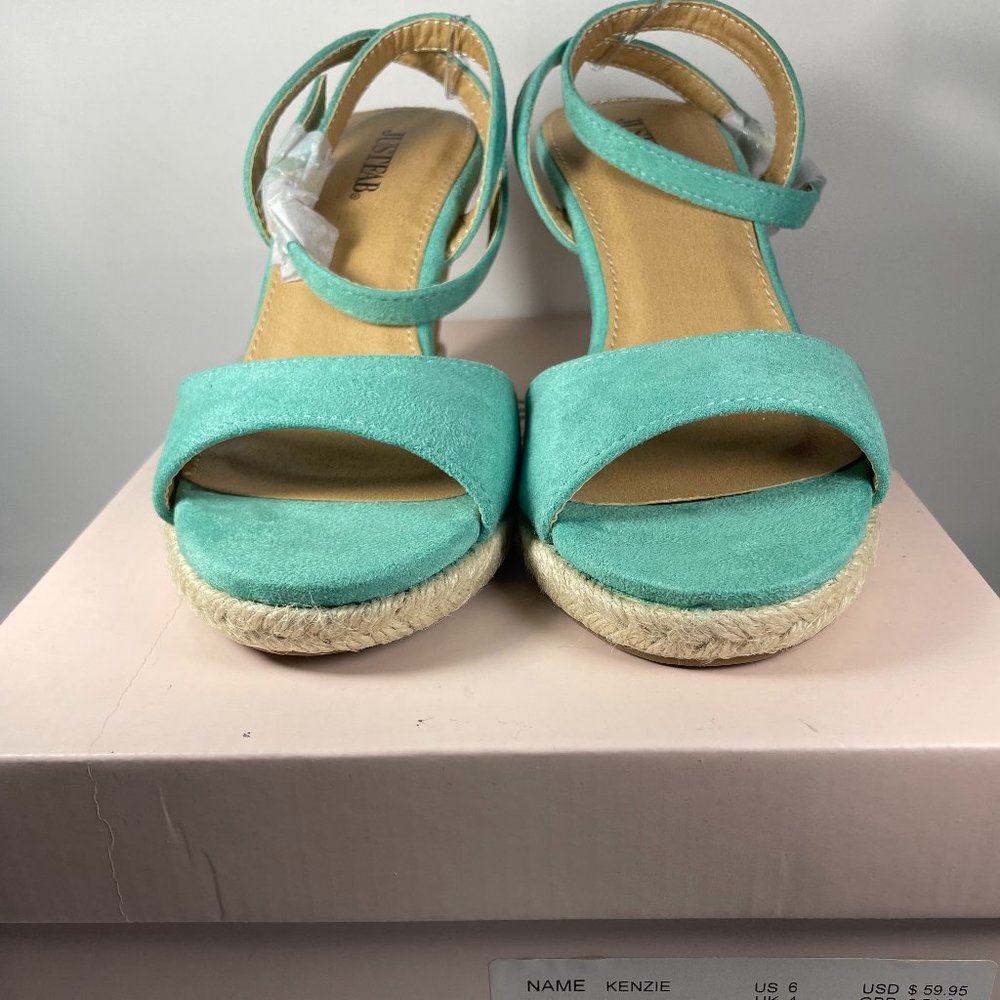 JustFab Kenzie Women’s Wedge Espadrille Heel Sandals Mineral Green Size 6